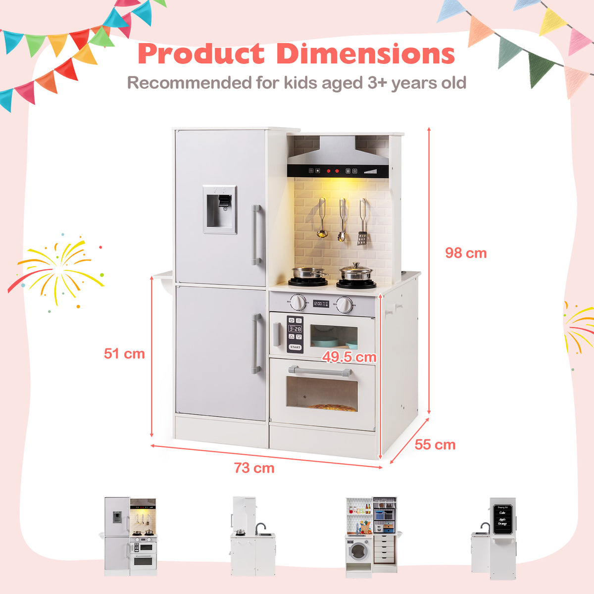 Product dimensions diagram showing height, width and depth of the play kitchen