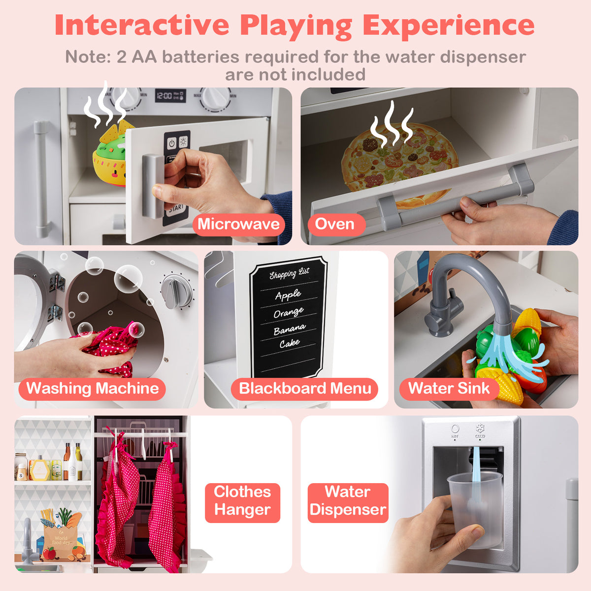 Close up of play kitchen features including washing machine and water dispenser