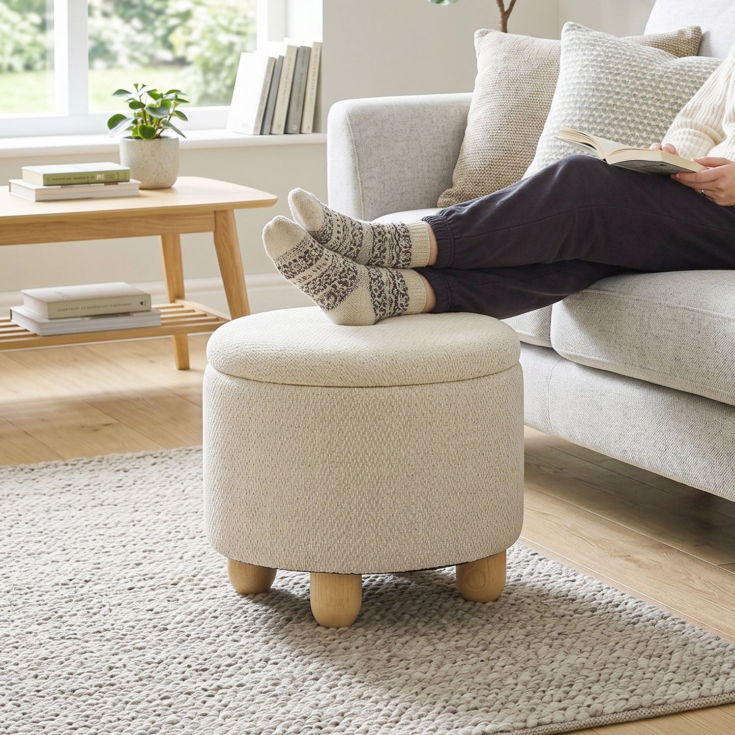 HOMCOM Storage Sitting Bench with Lid, Round Storage Ottoman with Rubberwood Legs, Beige