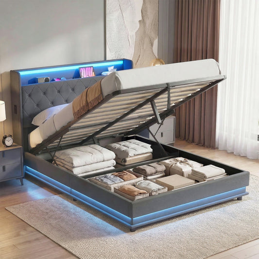 HOMCOM إطار سرير مزدوج 4 أقدام 6 بوصات مع لوح رأسي، إطار سرير منصة بتخزين هيدروليكي، مصابيح LED ومحطة شحن، رمادي