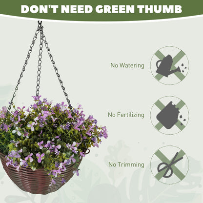 HOMCOM Artificial Flowers in Basket Set of 2, Artificial Hanging Baskets with 75 Leaves and 15 Flowers in Pot, Decorative Plant for Home Office Decor, Purple