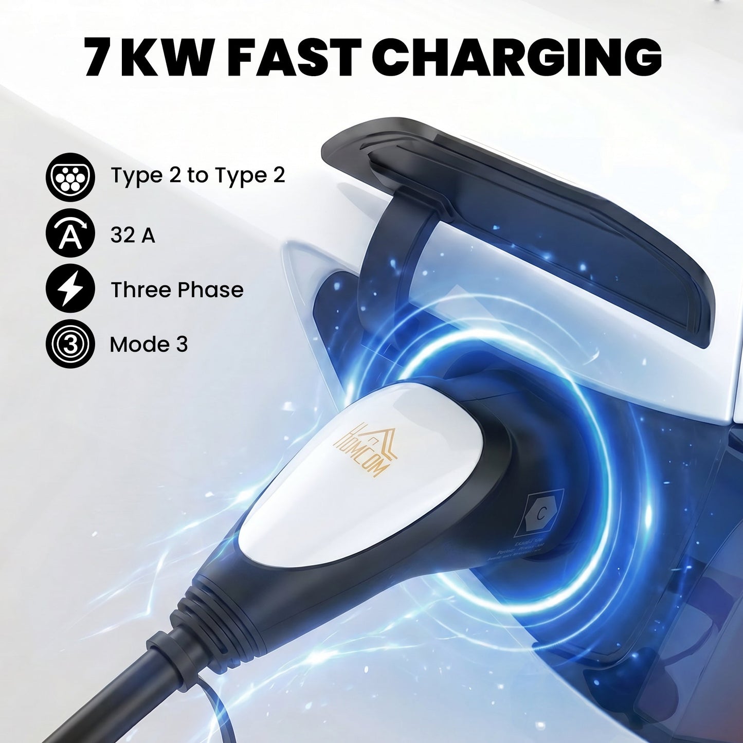 HOMCOM Type 2 EV Charging Cable, 7kW, 32A, Mode 3, 1-Phase, 10m Type 2 to Type 2 EV Extension Cable for EVs, PHEVs