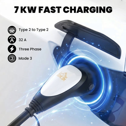 HOMCOM Type 2 EV Charging Cable, 7kW, 32A, Mode 3, 1-Phase, 10m Type 2 to Type 2 EV Extension Cable for EVs, PHEVs