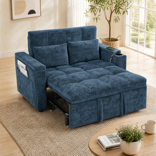 HOMCOM 2 Seater Sofa Bed, 3-in-1 Convertible Pull Out Sleeper Bed with Hidden Table, USB Port, Armrest Storage, Dark Blue