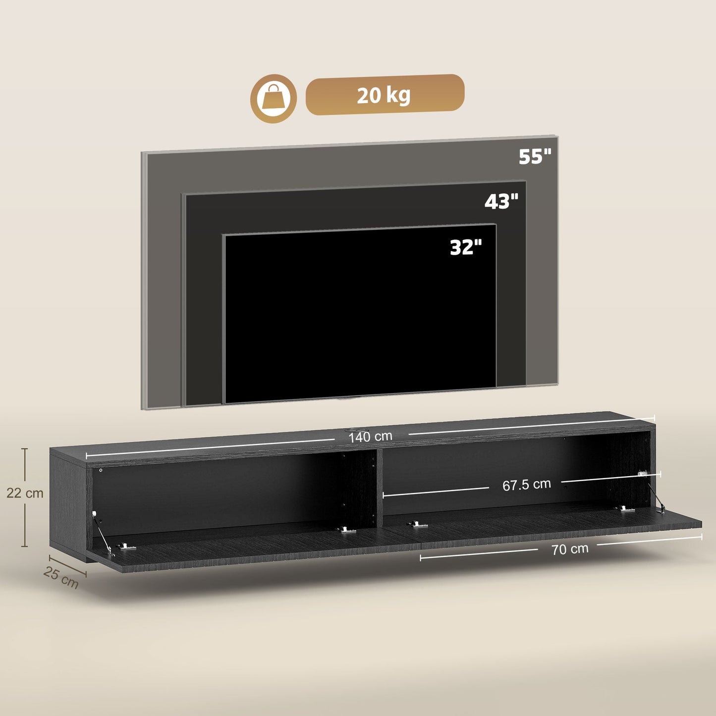 HOMCOM 140cm Floating TV Stand, Wall Mount TV Unit with Cable Management Hole, Fits up to 72" TV, Black