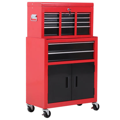 HOMCOM Tool Chest, Metal Tool Cabinet on Wheels with 6 Drawers, Pegboard, Top Chest and Roller Cabinet Combo, 61.6 x 33 x 108cm, Red and Black