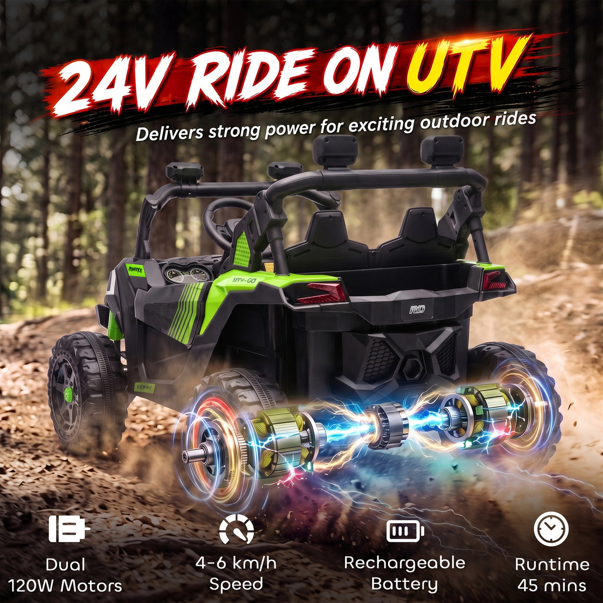 AIYAPLAY 24V 2 Seater Ride On Truck Car in Green
