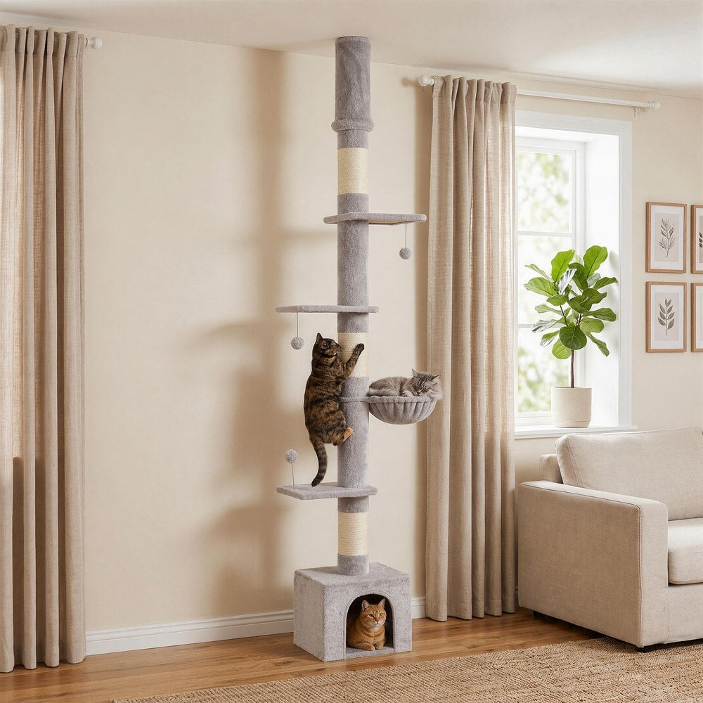 PawHut Floor to Ceiling Cat Tree, 230-250cm Multi-Level Cat Tower with Adjustable Height, Scratching Posts, Condo, Platforms