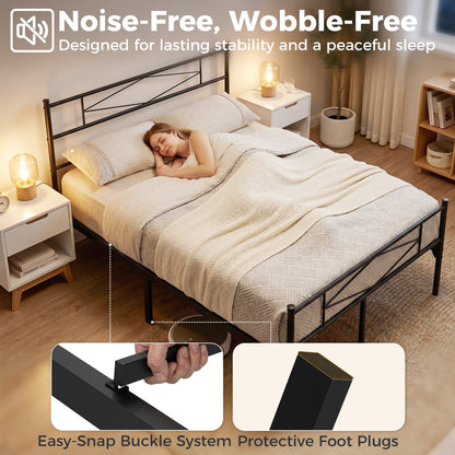 HOMCOM 4ft6 Double Bed Frame with Headboard and Footboard, Metal Platform Bed Frame with 32 cm Underbed Storage, Black