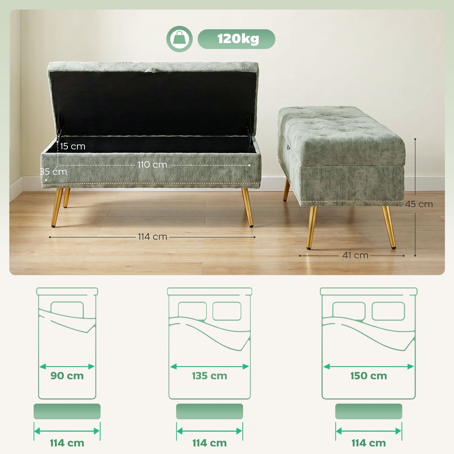 HOMCOM Storage Ottoman, Chenille Upholstered Ottoman Storage Box with Padded Seat, Metal Legs, 114 x 41 x 45 cm, Light Green