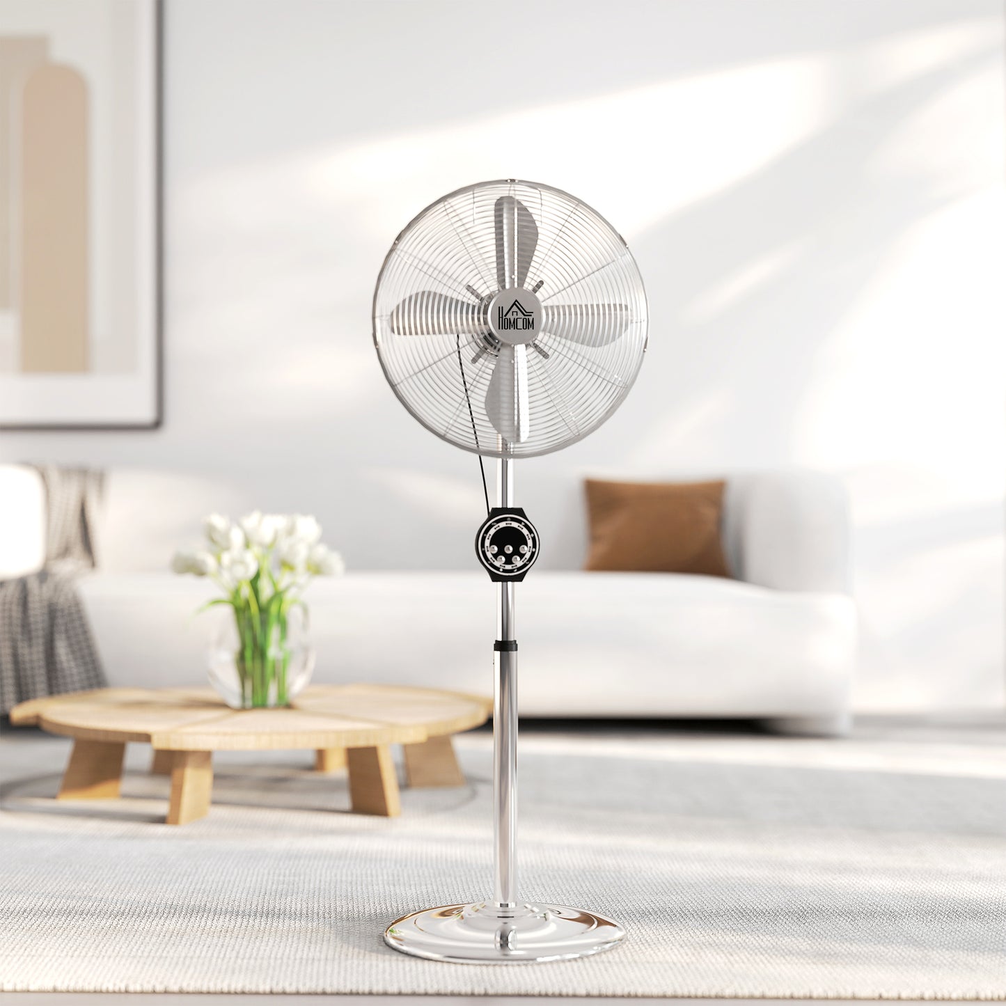 HOMCOM 16" Metal Pedestal Fan with Oscillating, Adjustable Height - Silver Tone