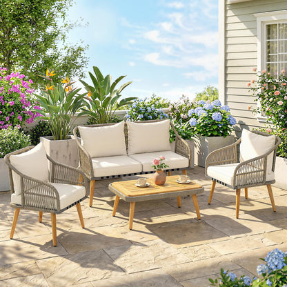 Outsunny 4 Piece Rattan Garden Furniture Set with Loveseat in Cream White