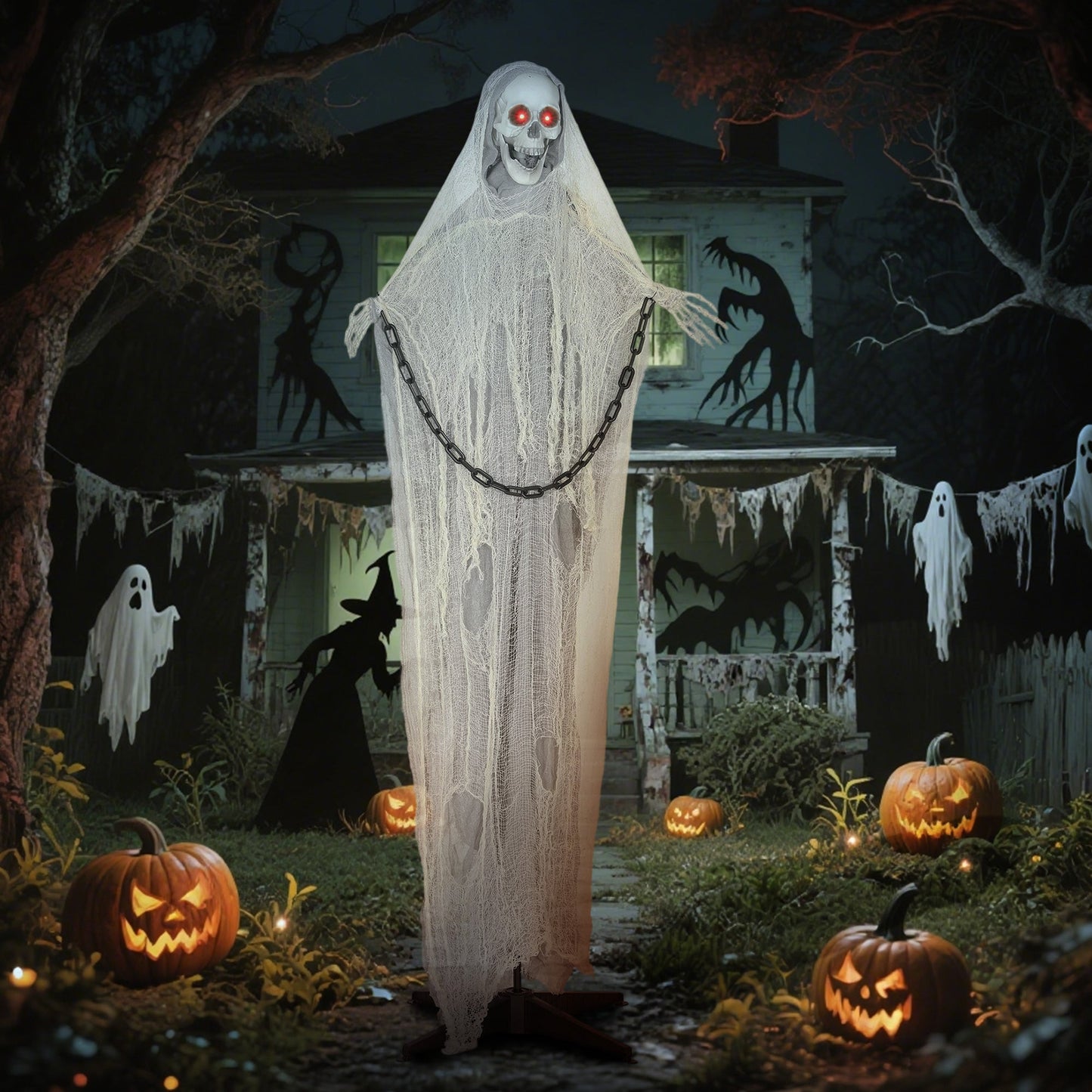 Outsunny 183 cm Life Size Halloween Animated Skeleton Grim Reaper with Glowing LED Eyes, Scary Halloween Decorations, Battery Operated, Indoor Party Props