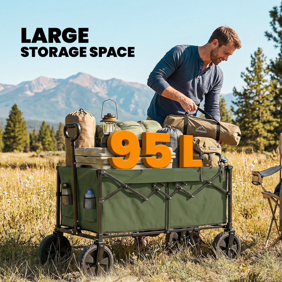 Outsunny 95L Foldable Festival Trolley on Wheels, Collapsible Wagon Cart with Adjustable Handle and 2 Cup Holders, Dark Green