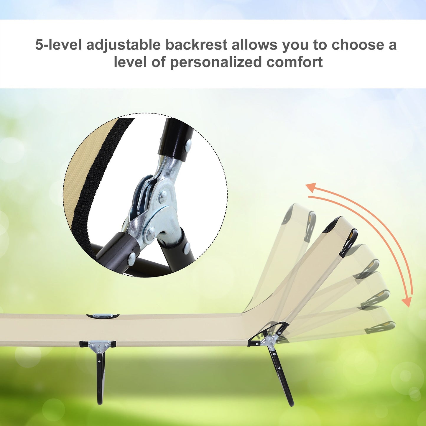 Outsunny 2 Piece Foldable Sun Loungers with 5-Position Adjustable Backrest, Outdoor Portable Recliner Chaise Lounge Chairs with Breathable Mesh Fabric, Beige