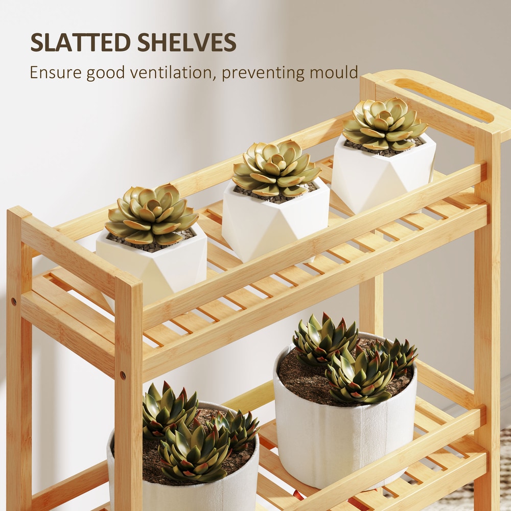 HOMCOM 3-Tier Bamboo Storage Trolley on Wheels in a Natural Wood Finish