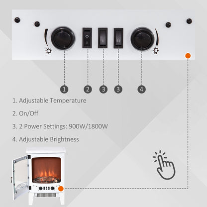 HOMCOM Electric Fireplace Stove, Free standing Fireplace Heater with Realistic LED Flame Effect and Adjustable Brightness, Overheat Safety Protection, 900W/1800W, White