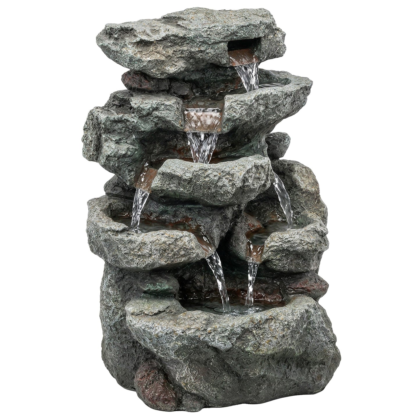 Outsunny Outdoor Fountain with 6-Tier Rock Design, Waterfall Feature with LED Lights, Resin Freestanding Garden Fountain, Grey