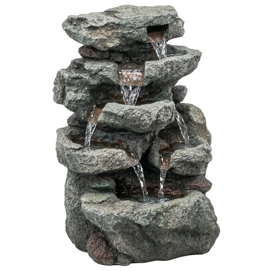 Outsunny Outdoor Fountain with 6-Tier Rock Design, Waterfall Feature with LED Lights, Resin Freestanding Garden Fountain, Grey