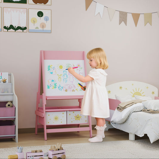 AIYAPLAY Art Easel for Kids, Double-Sided Whiteboard/Blackboard with Paper Roll, Two Storage Boxes, for Ages 3-8 Years, Pink
