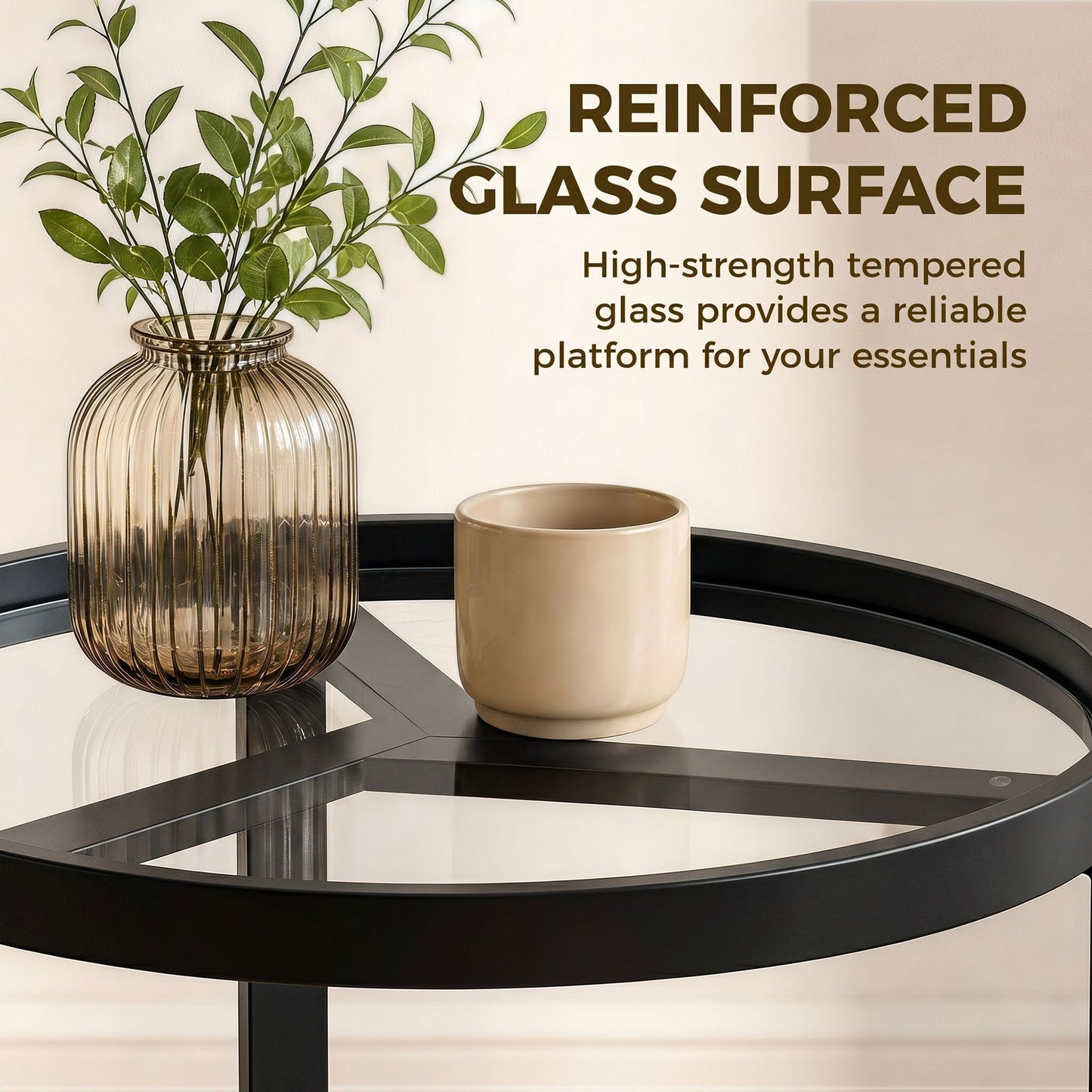 HOMCOM Round Side Table with Tempered Glass Top and Geometric Metal Frame for Small Space, Black