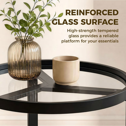 HOMCOM Round Side Table with Tempered Glass Top and Geometric Metal Frame for Small Space, Black