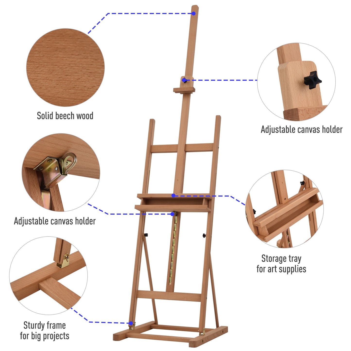 حامل فني خشبي من Vinsetto، حامل رسم خشبي بقاعدة H-Frame بارتفاع قابل للتعديل 171-230 سم وزوايا عمل 0-80 من خشب الزان لعرض اللوحات ولوحات الزفاف، بلمسة نهائية خشبية طبيعية