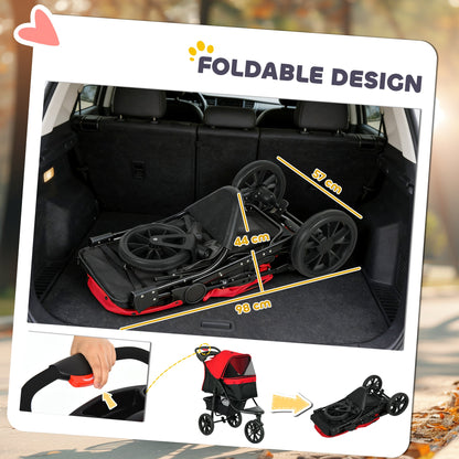 PawHut Dog Stroller Foldable Pet Pram for Small Miniature Breeds, Cats, 3 Wheels Dog Pushchair with Brake, Cupholder, Red