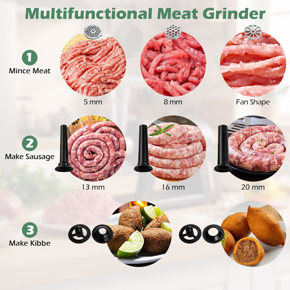 Electric Meat Grinder 2000W Sausage Stuffer Maker with 3 Sausage Tubes and 3 Grinding Plates-Silver