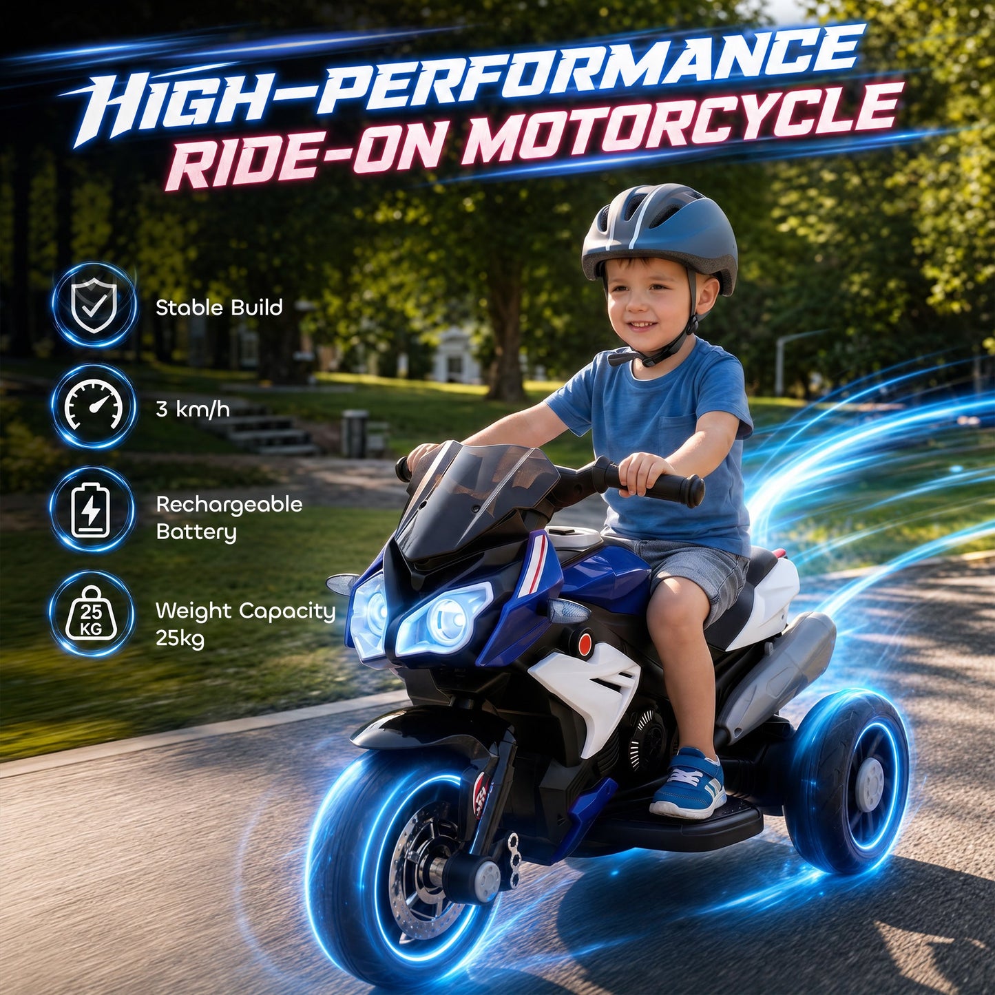HOMCOM Kids Electric Motorcycle, 6V Ride on Motorcycle with 3 Wheels, LED Headlight, Music, Horn for Boys Girls 3-5 Years, Blue