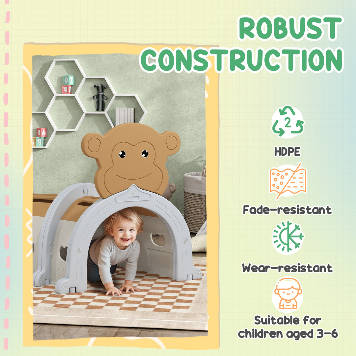AIYAPLAY Monkey-Design Kids Play Tunnel for Crawling in Brown