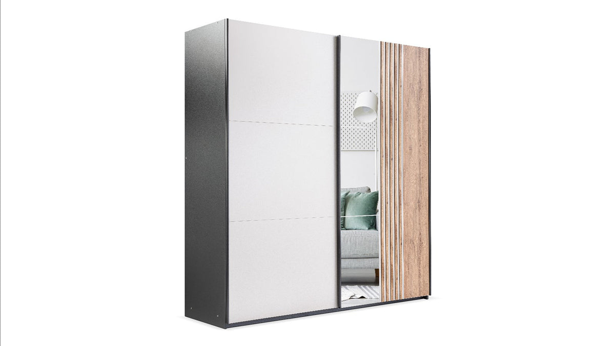 Evora Two Mirrored Sliding Door Wardrobe 203cm (EVORA-203) in Black Matt and Cashmere and Oak Wotan