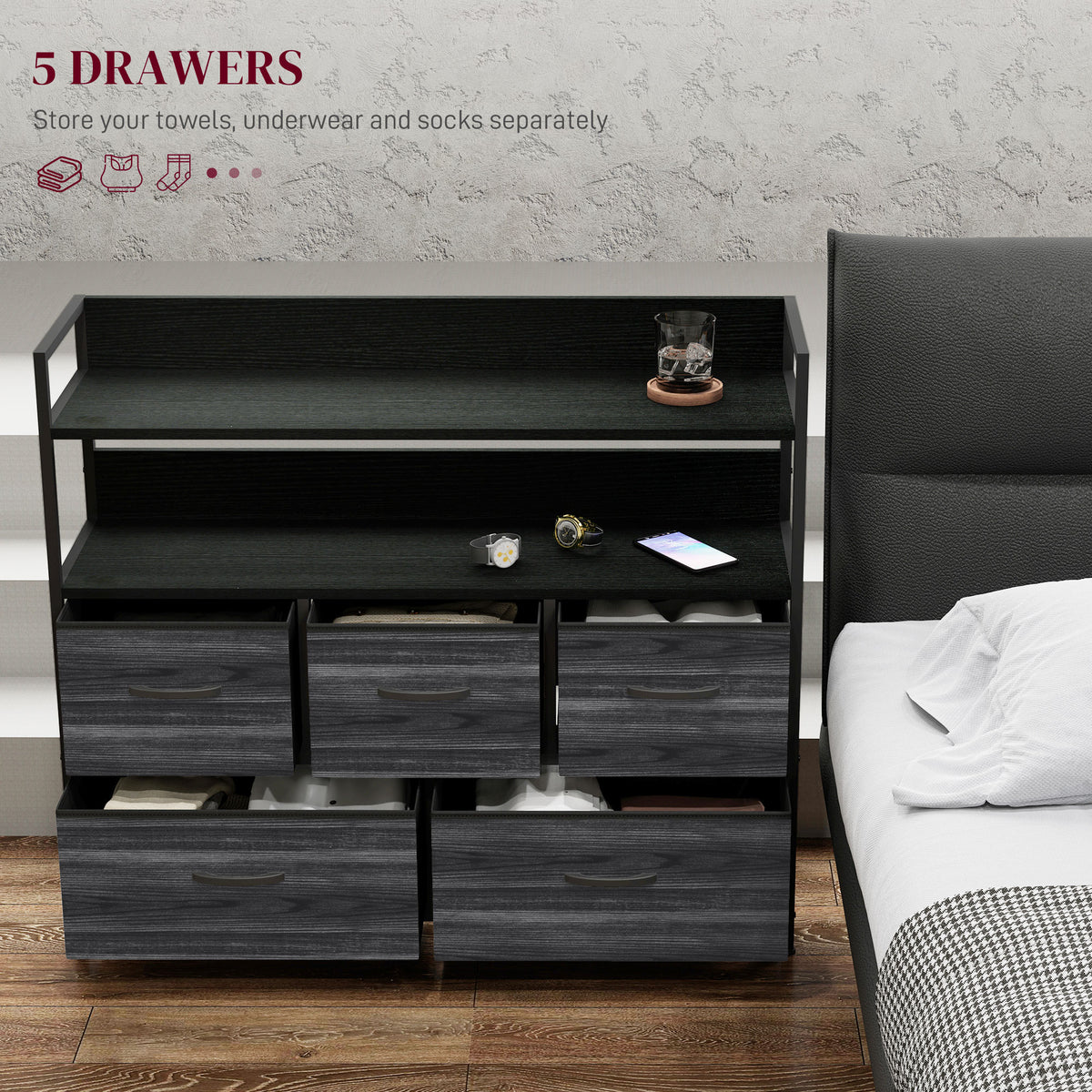 HOMCOM Rustic Chest of Five Fabric Drawers in Black