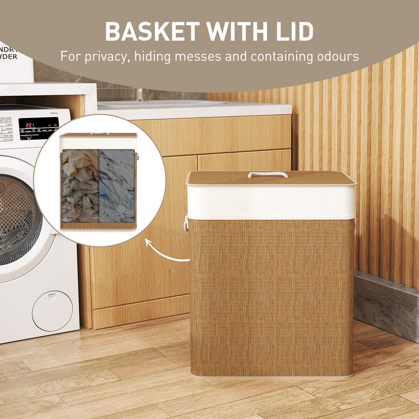 HOMCOM Double Laundry Basket with Lid, 100L Bamboo Laundry Hamper with Rope Handles, Washing Basket with Removable Liner for Bathroom, Bedroom, Brown