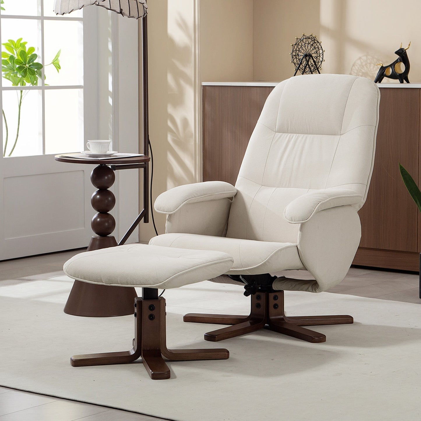 HOMCOM Linen Swivel Recliner Chair with Footstool, Upholstered Reclining Armchair with Wooden Base for Living Room, Beige