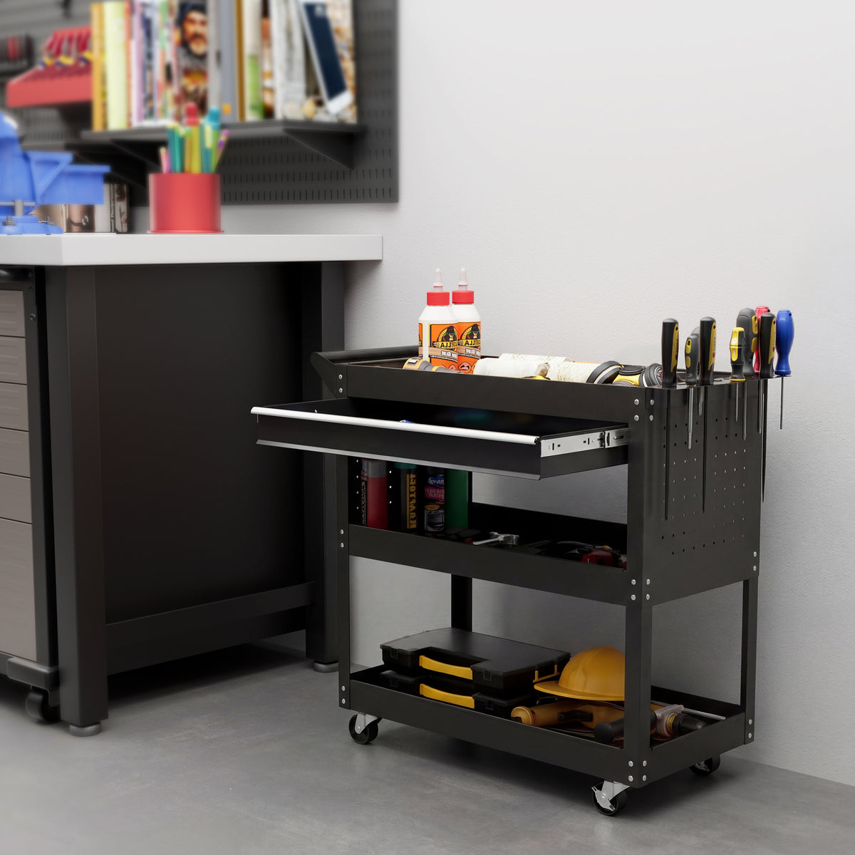 DURHAND 3-Tier Tool Trolley Cart in Black
