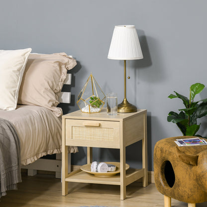 HOMCOM Chest of Drawer and Nightstands, Boho Rattan Furniture Set, Nature Wood Finish