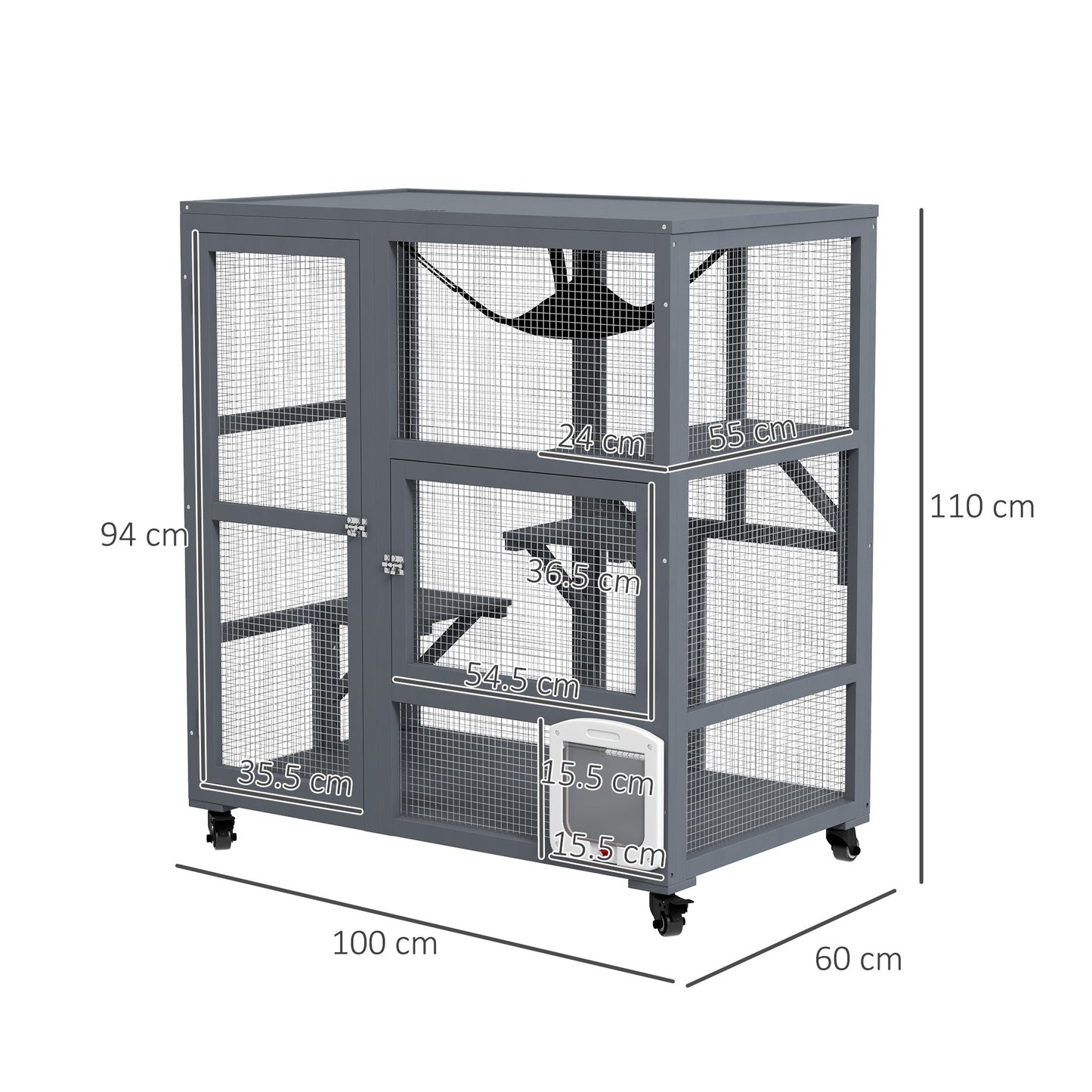 PawHut Cat House, Wooden Indoor Catio Cat Enclosure on Wheels, Wooden Kitty Cage with Platforms, Hammock, Light Grey