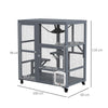 PawHut Cat House, Wooden Indoor Catio Cat Enclosure on Wheels, Wooden Kitty Cage with Platforms, Hammock, Light Grey