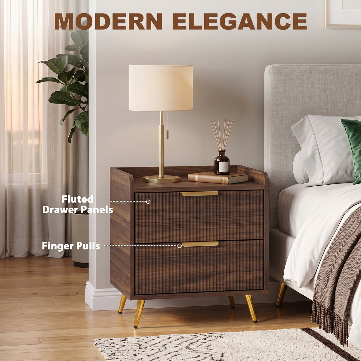 HOMCOM Elegant Two-Drawer Bedside Table in Walnut Brown