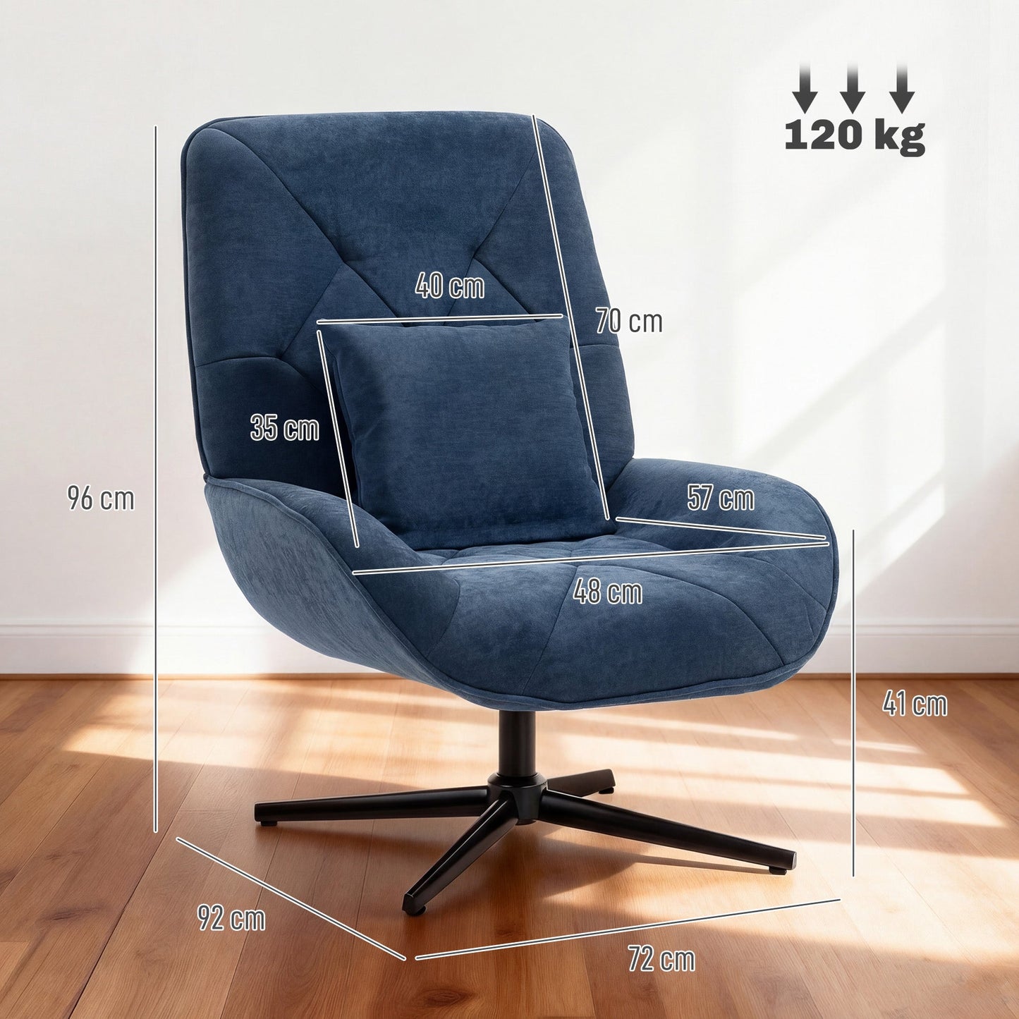 HOMCOM Accent Chair, Chenille Upholstered Swivel Armchair with Lumbar Pillow, High Back, Deep Seat and Metal Legs, Dark Blue
