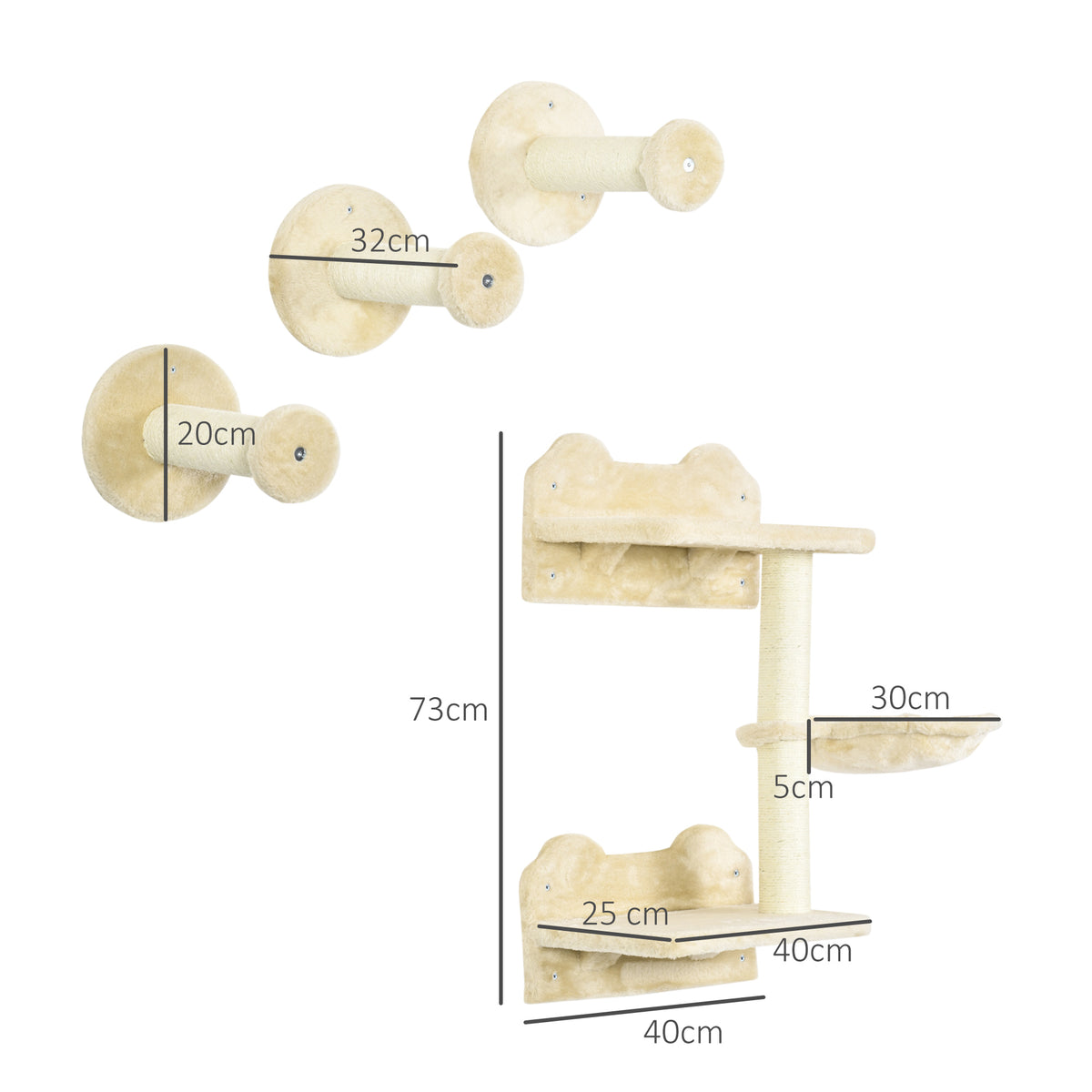 PawHut 4 Piece Cat Shelf with Scratching Post in Beige