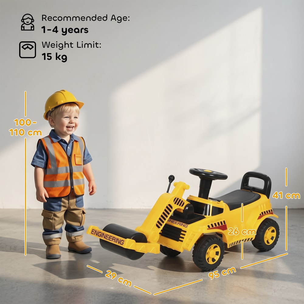 AIYAPLAY Ride On Tractor, Kids Bulldozer Pull Cart with Horn, Storage, Front Roller, Ride-On Car for Ages 1-4 Years, Yellow