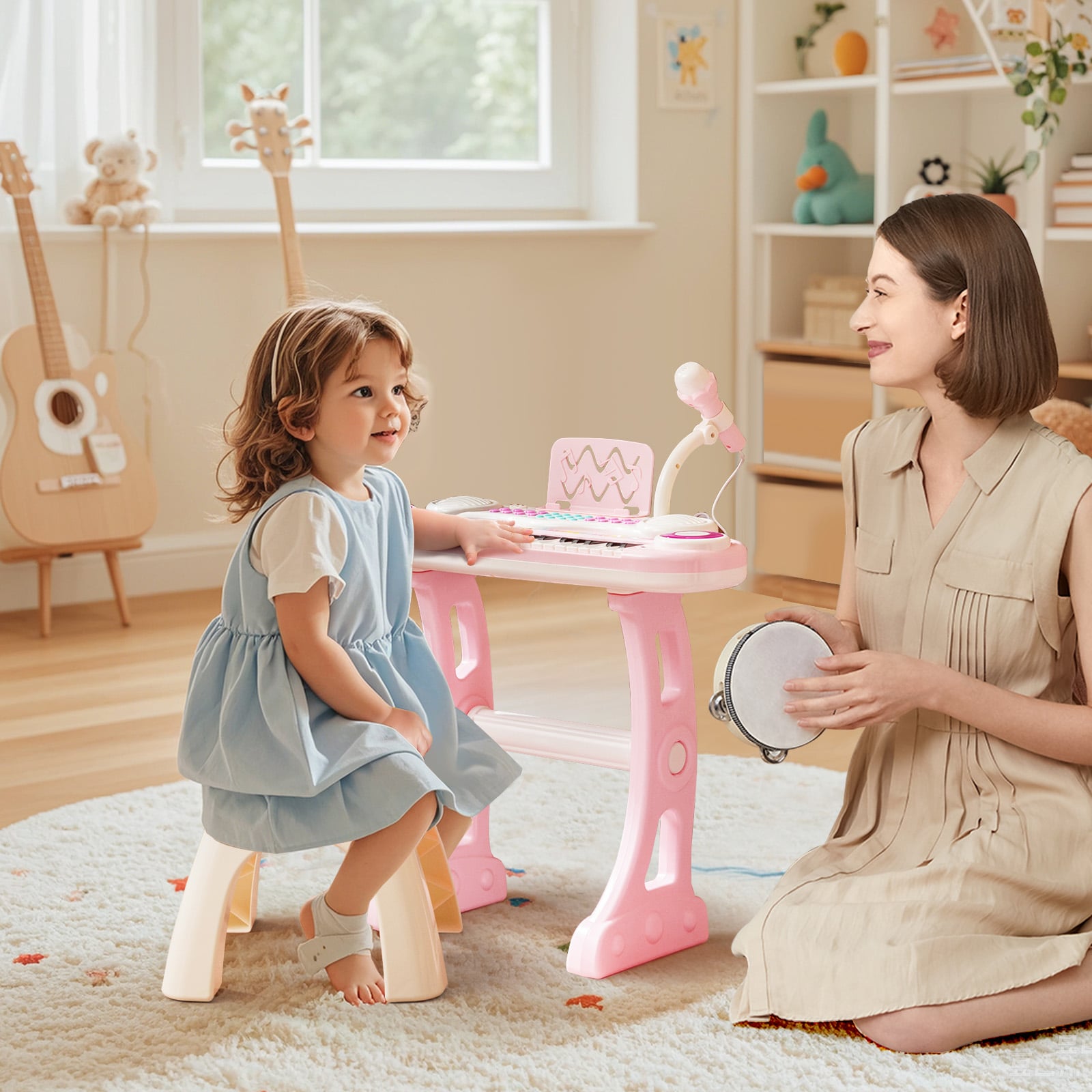 37 Keys Electronic Kids Piano Toy with Detachable Legs and Stool-Pink