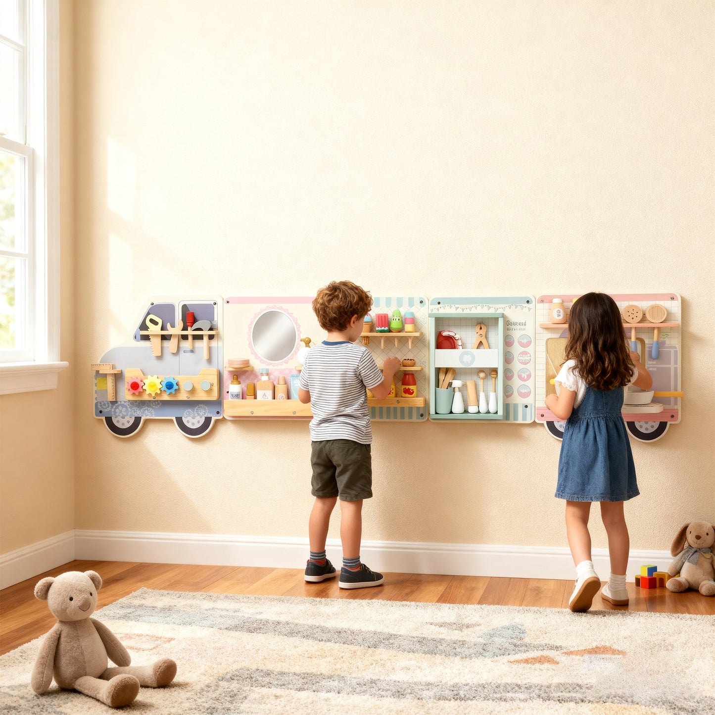 AIYAPLAY Wooden Busy Board, 5 in 1 Activity Wall Panels for Kids 3+ Years, for Daycare, Playroom, Home