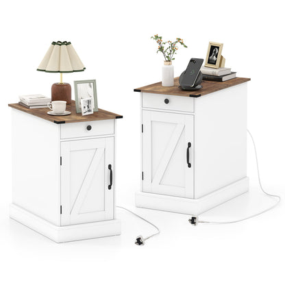End Table Set of 2 with Charging Station and Storage Drawer-White