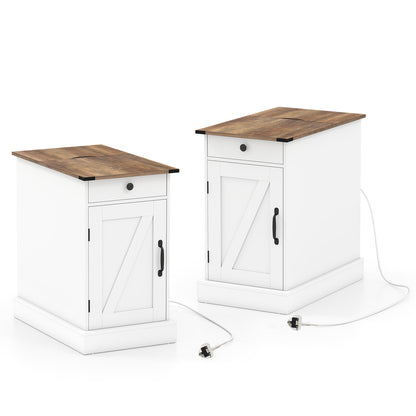 End Table Set of 2 with Charging Station and Storage Drawer-White