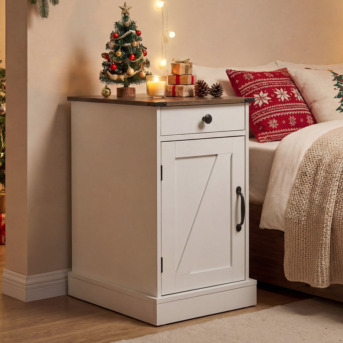 End Table Set of 2 with Charging Station and Storage Drawer-White