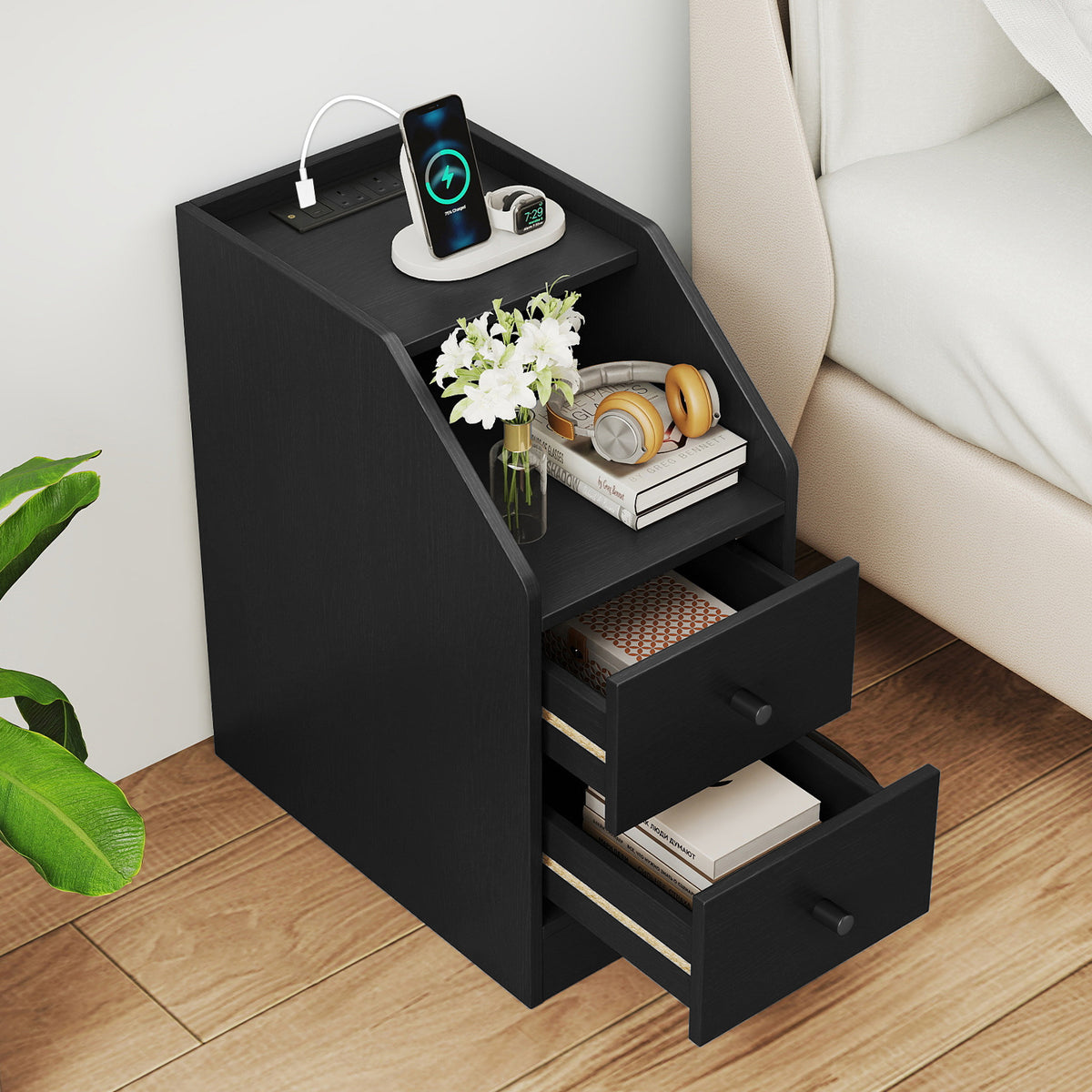 End Table with Charging Station and Storage Drawers for Small Space Living Room Bedroom-Black