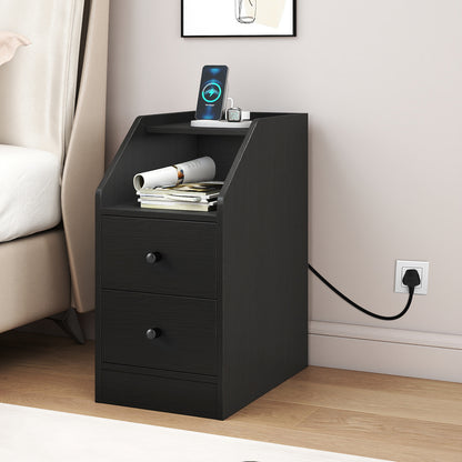 End Table with Charging Station and Storage Drawers for Small Space Living Room Bedroom-Black